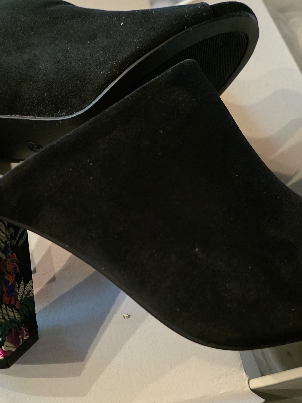 Black Suede Mules with Embroidered Block Heel